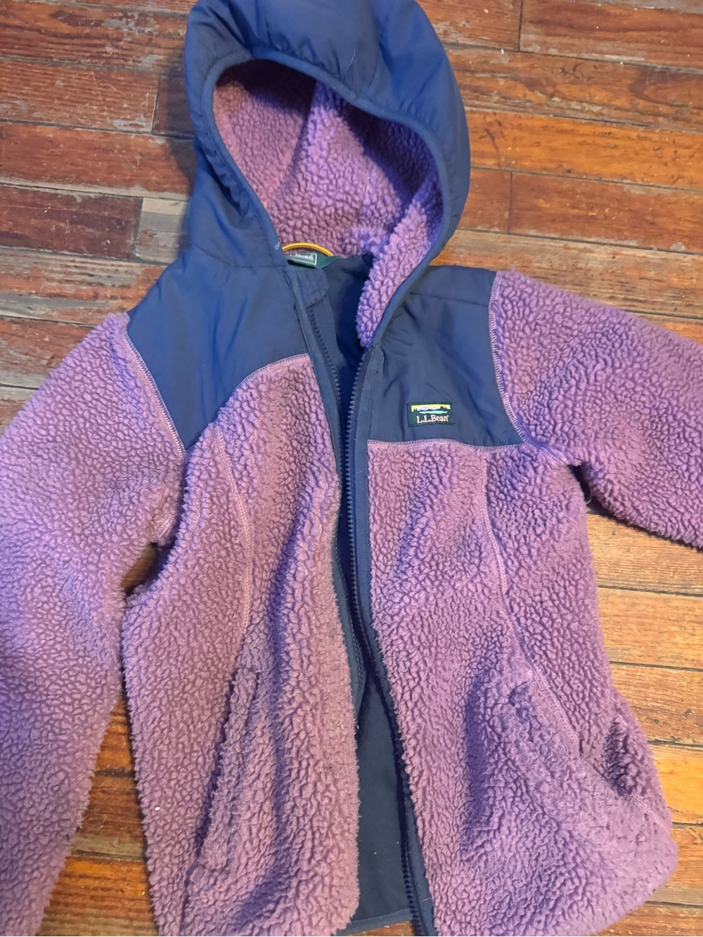 L.L. Bean Purple Sherpa Hooded Jacket with Navy Trim